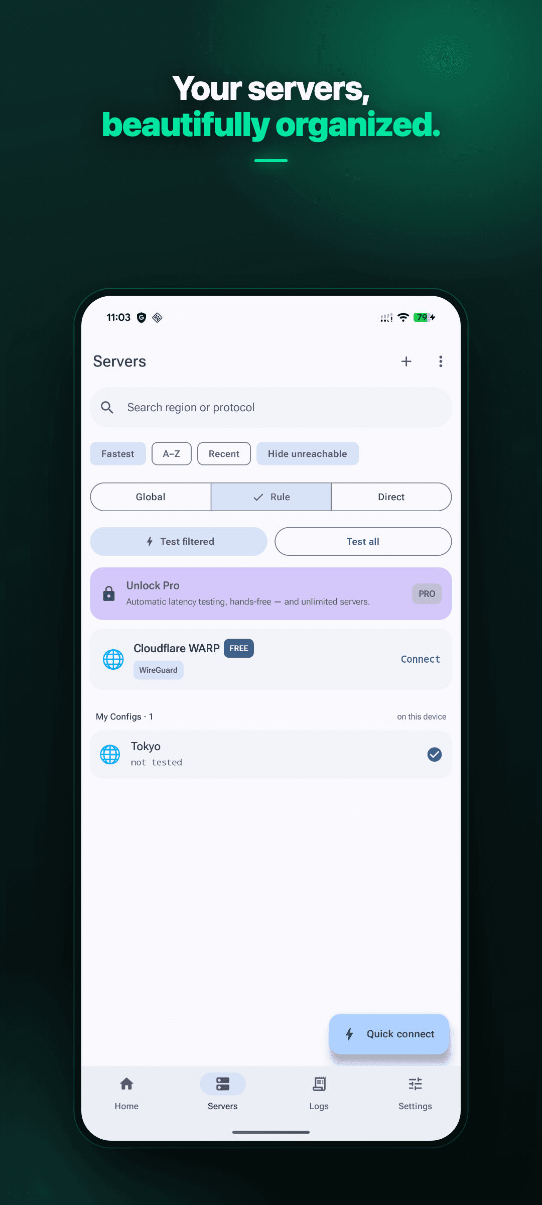 Aldris server list showing user-imported connections with their local status.